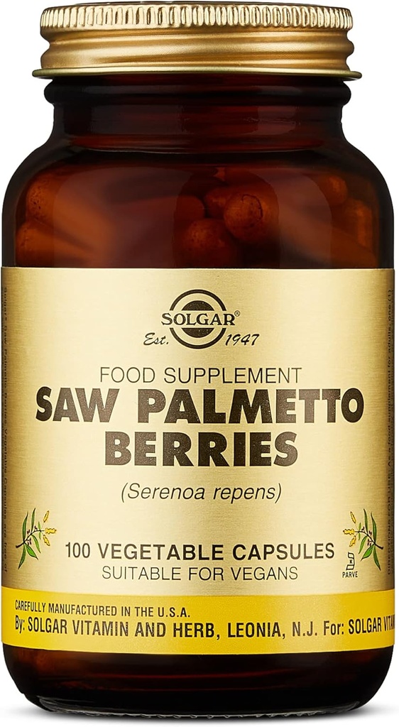 Solgar Saw Palmetto Berries, 100 cápsulas vegetales - Salud de los hombres - Potencia completa - No GMO, Vegan, Gluten Gratis, Dairy Free, Kosher - 100 piezas