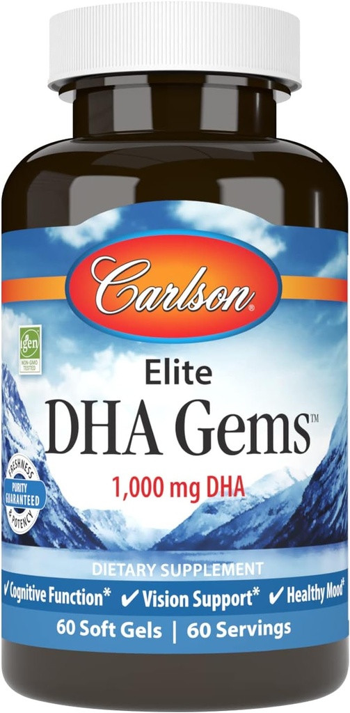 Carlson - Elite DHA Gems, 1000 mg DHA, Wild Caught, Sustentably Sourced, Brain Function &amp; Healthy Vision, 60 Softgels