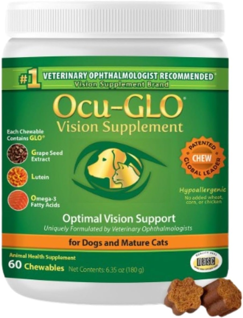 Ocu-GLO Cat &amp; Dog Senior Supplement for Eye Support - Chewable Vision Vitamins Supplements for Large and Small Pets Care with Lutein, Omega-3 Fatty Acids, Grape Seed Extract & Antioxidants