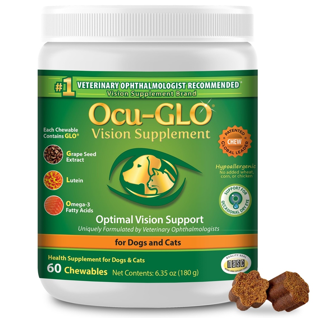 Ocu-GLO Cat &amp; Dog Senior Supplement for Eye Support - Chewable Vision Vitamins Supplements for Large and Small Pets Care with Lutein, Omega-3 Fatty Acids, Grape Seed Extract & Antioxidants