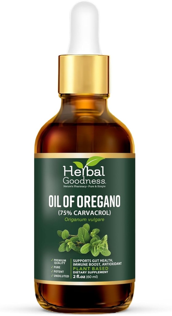 Herbal Goodness Oil of Oregano Drops 2 Fl. oz – 75% Carvacrol con aceite de oliva virgen, aceite de orégano para soporte inmunitario " Salud digestiva, aceites esenciales para la piel, aceite de orégano