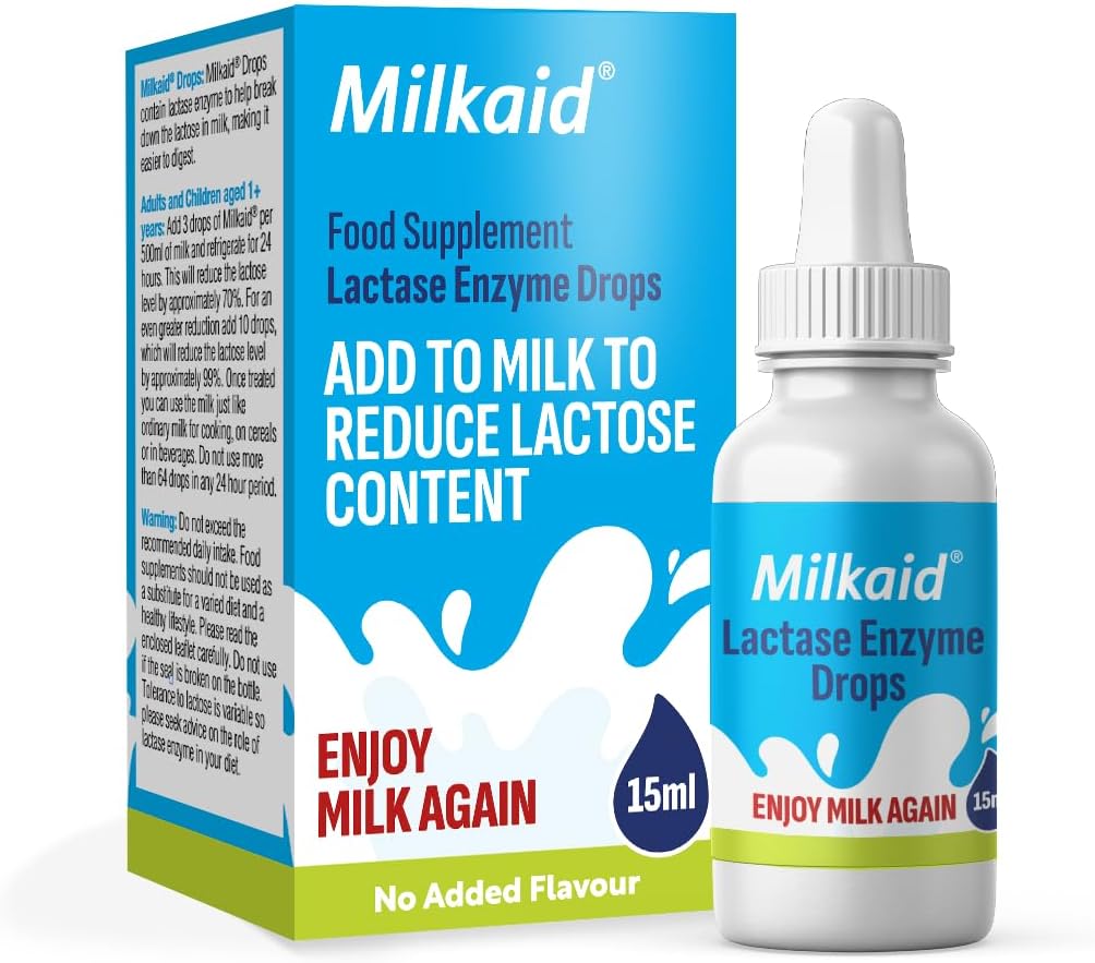 Milkaid Lactase Enzyme Drops for Lactose Intolerance ¦ Prevents Gas, Bloating " Diarrhea ← Fast Acting Dairy Digestive Supplement TEN Gluten Free " Vegetarian TEN No Artificial Flavor ← 0,5 Fl Oz (1)