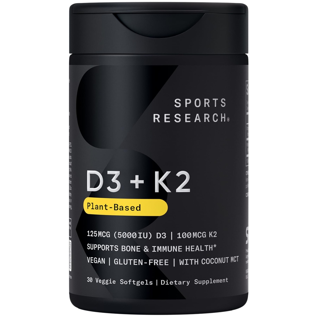 Investigación Deportiva Vitamina Vegan D3 + K2 Suplemento con aceite de coco orgánico - 5000iu Vitamina D con 100mcg Mk7 Vitamin K - Apoya Calcio para Huesos Más Fuertes &amp; Salud Inmune - 30 Softgels para Adultos