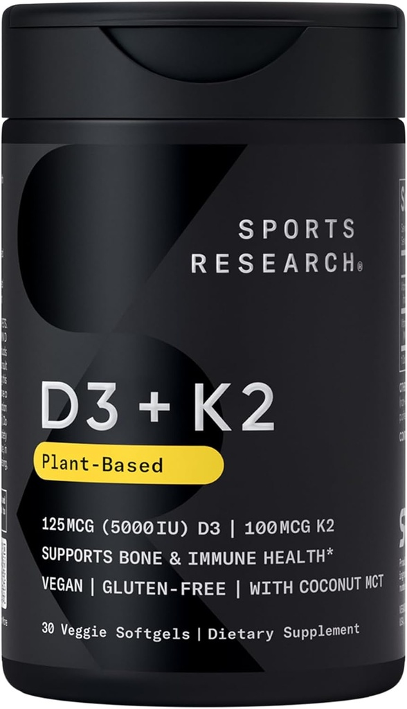 Investigación Deportiva Vitamina Vegan D3 + K2 Suplemento con aceite de coco orgánico - 5000iu Vitamina D con 100mcg Mk7 Vitamin K - Apoya Calcio para Huesos Más Fuertes &amp; Salud Inmune - 30 Softgels para Adultos