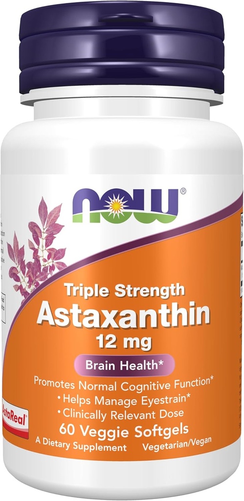 NOW Supplements, Triple Strength Astaxanthin 12 mg, Triple Strength, Brain Health*, Helps Manage Eye Strain*, 60 Veggie Softgels