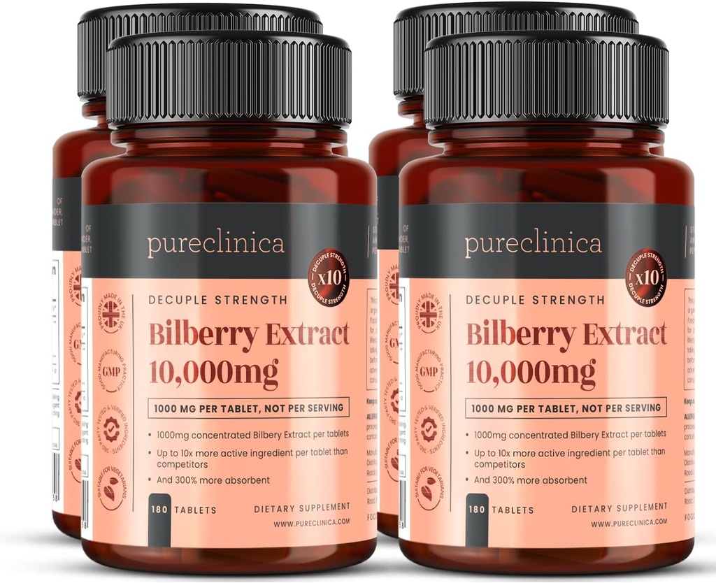Bilberry Extract 10,000mg x 720 Tablets (4 Bottles) - 10 X More anthocyanidins per Tablet Than Most Others