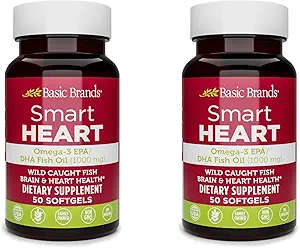 Marcas básicas Smart Heart Omega-3 Fish Oil 1000mg - Triple Strength EPA & DHA, Non-GMO, Heart & Cognitive Support - 50 Burpless Softgels - 2-Pack