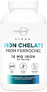 Tipo Zero Iron Chelate Capsules (18 MG, 240 CAPS) de Ferrochel Ferrous Bisglycinate Chelate - Non-GMO y Gluten Free