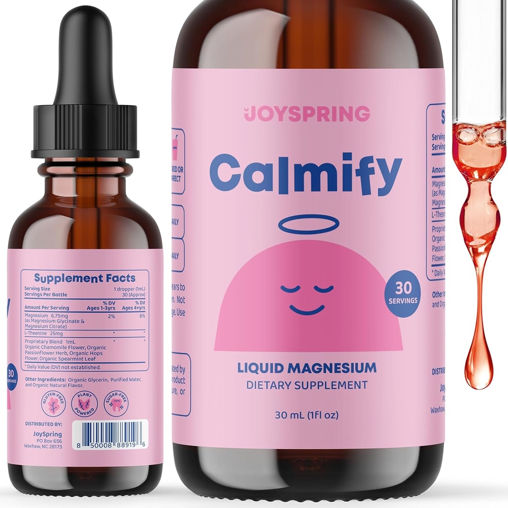 JoySpring Calmify Magnesium Citrate Liquid for Kids - Suplemento de calma sin azúcar y sin gluten con manzanilla - Soporte natural para niños y adolescentes (1 fl oz) 30 Servimientos