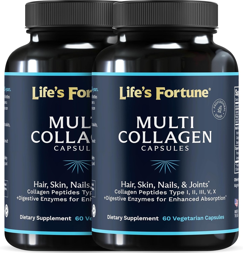 Multi Collagen Peptides Tipos I, II, III, V & X Hidrolyzed Protein Capsules – Grass-Fed, Blend with Digestive Enzyme – for Skin, Hair, Nails, Joints & Gut Health, Unflavored (60 Conde (Pack of 2))