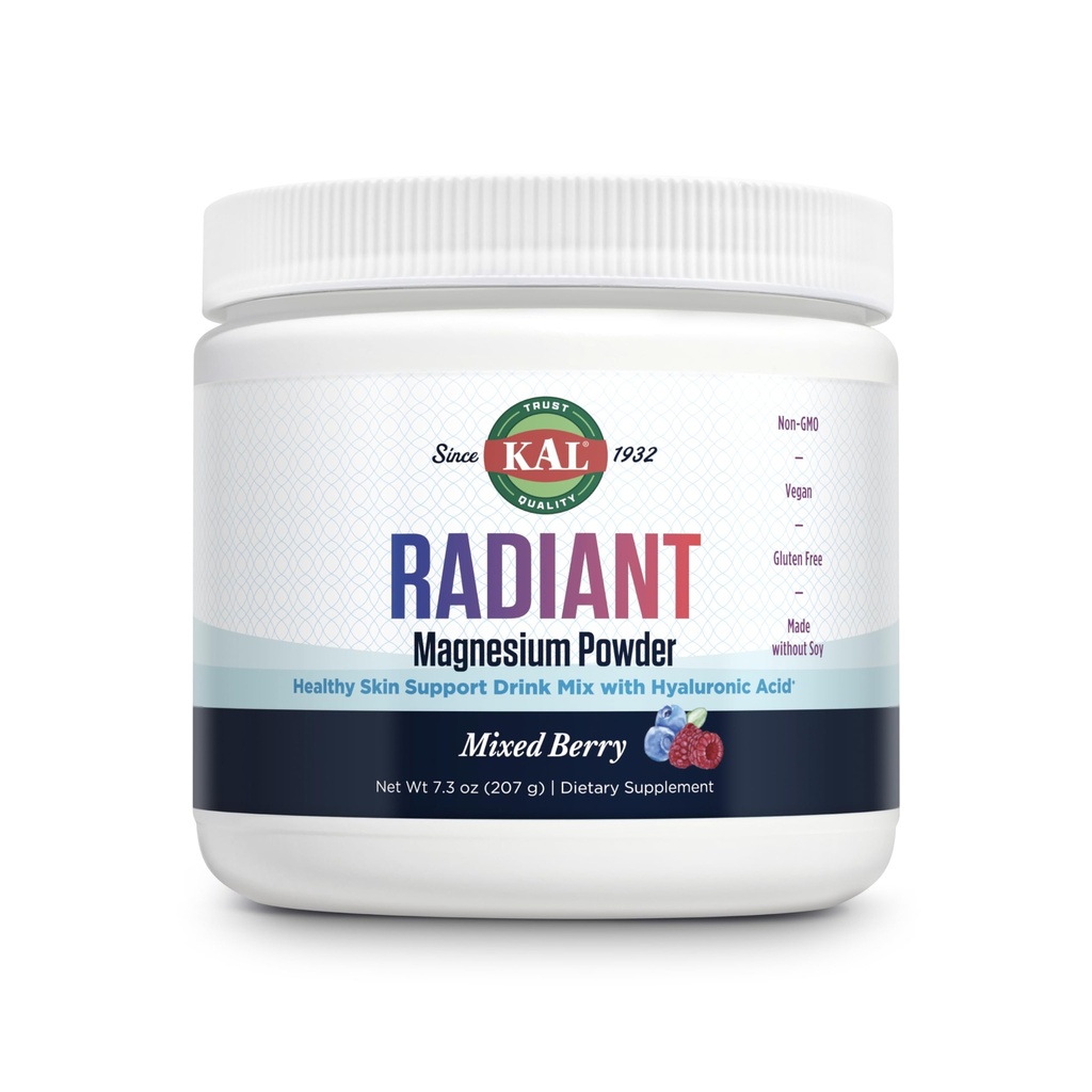 KAL Radiant Magnesium Powder, Mixed Berry Flavor, Hyaluronic Acid and Magnesium Supplement, Skin & Antioxidant Support, Sugar Free, 60 Servings, 7.3 OZ