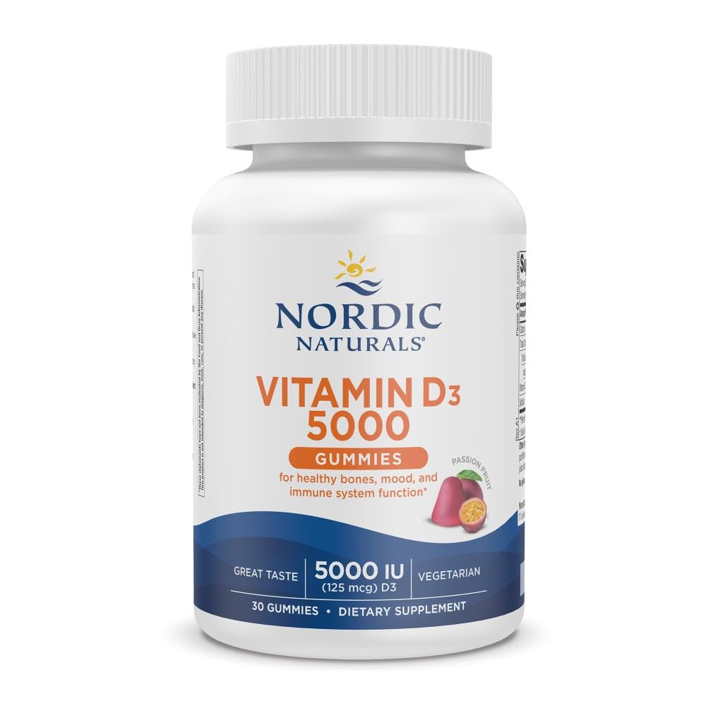 Naturales nórdicos Vitamina D3 5000 Gummies, Fruta de Pasión - 30 Gummies - Soporte para Huesos Saludables, Mood, &amp; Sistema Inmunitario - Vegetariano - No GMO - 30 Servimientos