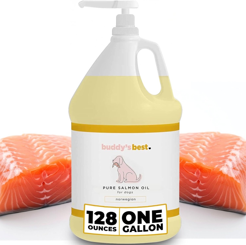 Aceite de salmón para perros por lo mejor de Buddy – 1 Gallon (128oz) TENIDO 100% Aceite de pescado noruego TEN HAC-Grado &amp; Odorless ANTE Omega 3 Suplemento para las juntas de carne