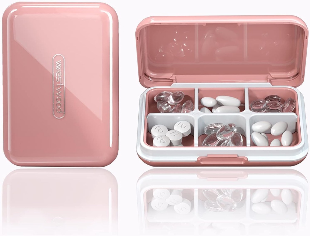 Pill Organizer Moisture Waterproof Caja de Píldora pequeña para Pocket Purse 6 Compartimientos Portable Pill Case Medicine Vitamin Holder Container, Pink