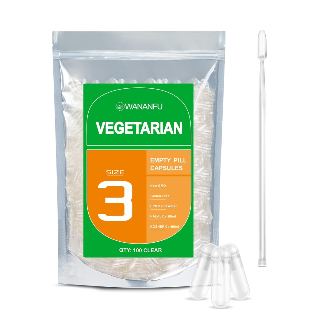 wananfu Tamaño 3 Empty Capsules Vegetariano (100 Conde) Agrupo con 2 cucharas de laboratorio, Limpiar las cápsulas de la píldora Fillable Tamaño 3 para hacer sus propios suplementos