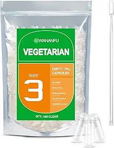 wananfu Tamaño 3 Empty Capsules Vegetariano (100 Conde) Agrupo con 2 cucharas de laboratorio, Limpiar las cápsulas de la píldora Fillable Tamaño 3 para hacer sus propios suplementos