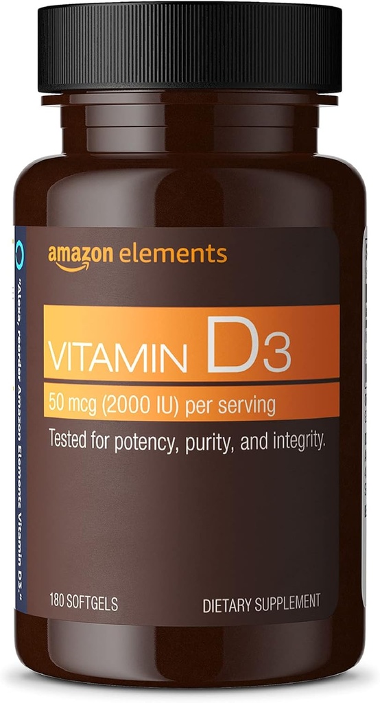 Elementos Vitamina D3, 2000 UI, 180 Softgels, suministro de 6 meses (Paquete puede variar), soporta huesos fuertes y salud inmune