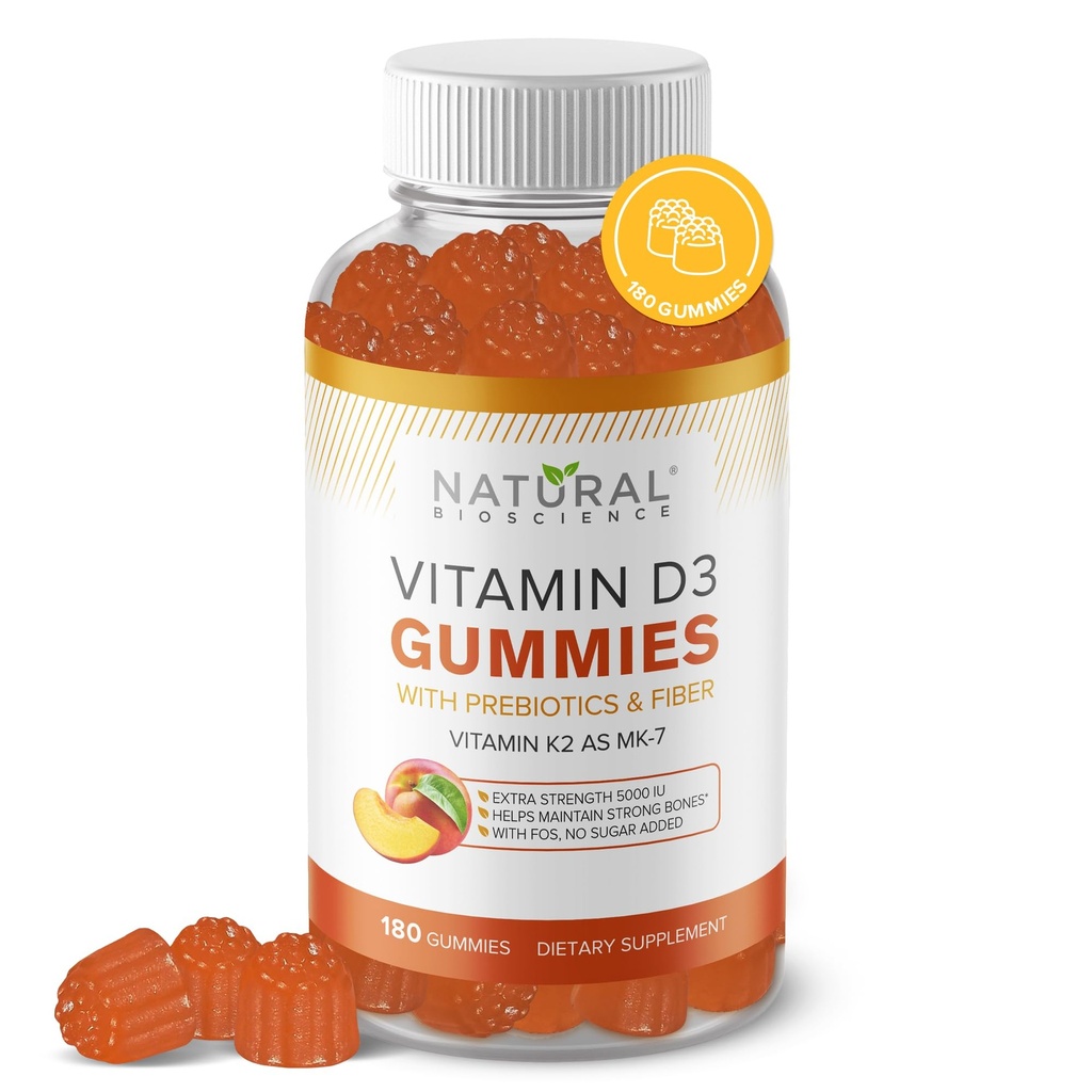 Vitamina D3 K2 Gummies - Vitamina D3 Gummies 5000 UI+K2 MK7 80 mcg, K2 D3 Suplemento Vitamina Adultos, Vitamina D K2 para Huesos, Inmuno, Corazón, Mood, Libre de gluten, No GMO, Sabor de Peach Natural