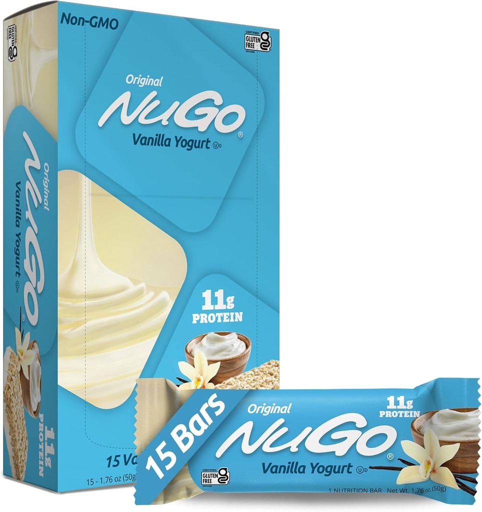 NuGo Protein Bar, Vanilla Yogurt, 11g Protein, 170 Calories, Gluten Free, 1.76 Cada uno, 15 Cuenta (Pack of 1)