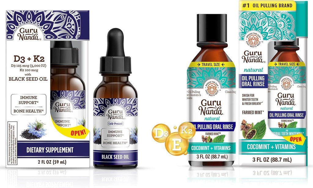GuruNanda Black Seed Oil 5000 IU Vitamina D3, K2 &amp; E + Coconut Oil Pulling with Essential Oils Vitamin D3, E, K2 for Immune Support, Oral Hygiene