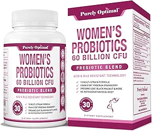 Probióticos femeninos puramente optimistas 60 millones de millones CFU – apoya la salud digestiva y vaginal, el control de olores, pH Balance – con prebióticos & arándano – Probióticos estables para mujeres, 30 cápsulas