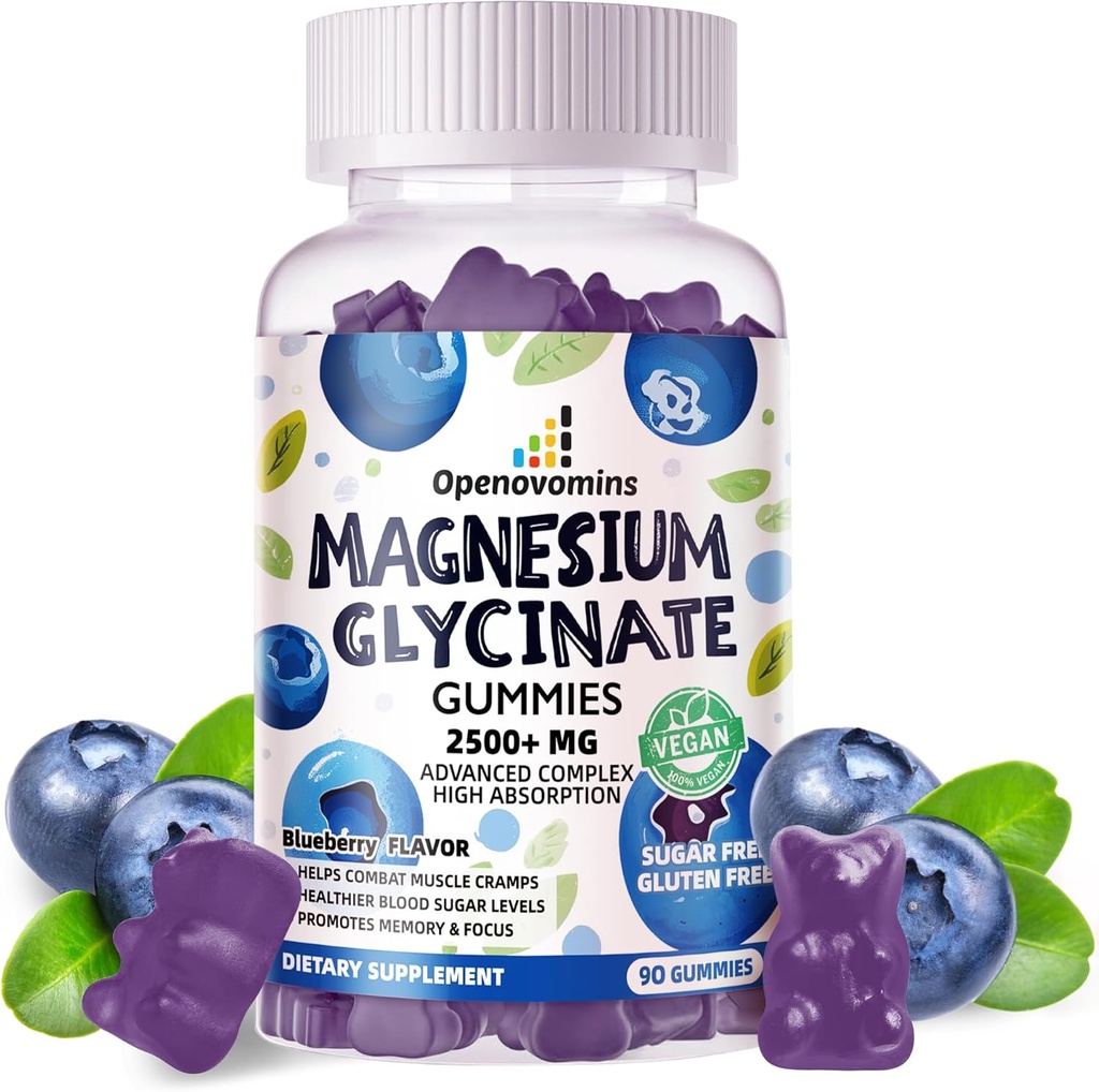 Magnesio Glycinate Gummies 2500mg - Suplemento de Potasio de Magnesio Libre de Azúcar con Vitamina D, B6, CoQ10 para calma Mood &amp; Sleep Support - 90 Blueberry Gummies
