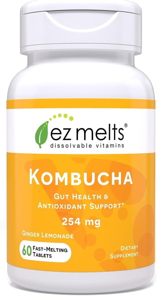 EZ Melts Dissolvable Sugar-Free Kombucha Tablets with SCOBY &amp; Apple Sider Vinegar, Gut Health Supplements for Men &amp; Women, Ginger Lemonade Flavor, 2-Month Supply - 1 Pack