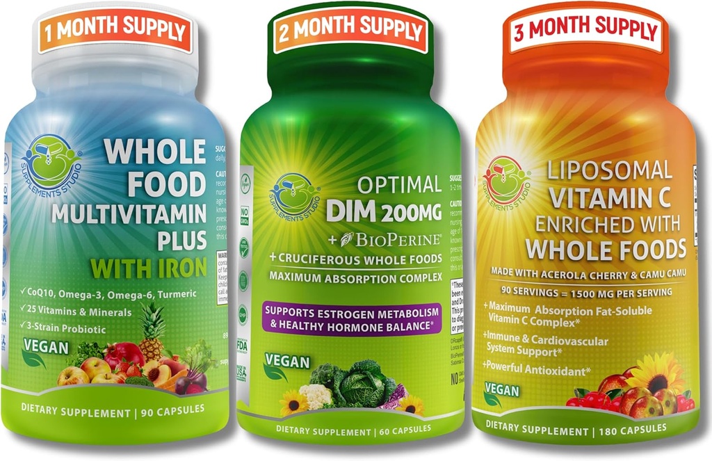 SUPPLEMENTOS STUDIO Hormon Balance Support &amp; Immune Defense Bundle for Men &amp; Women - Optimal DIM 200mg + Whole Food Multivitamin with Iron + Liposomal Vitamin C 1500mg – Vegan, Non-GMO
