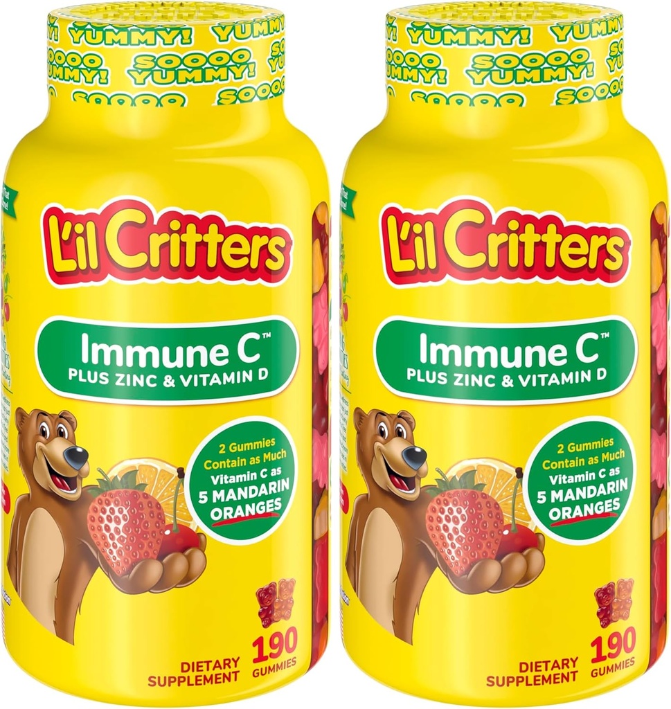 L’il Critters Immune C Daily Gummy Suplemento Vitamina para Niños, para Vitamina C, D y Zinc para Immune Support, Orange, Lemon y Cherry Flavors, 190 Gummies (Pack of 2)