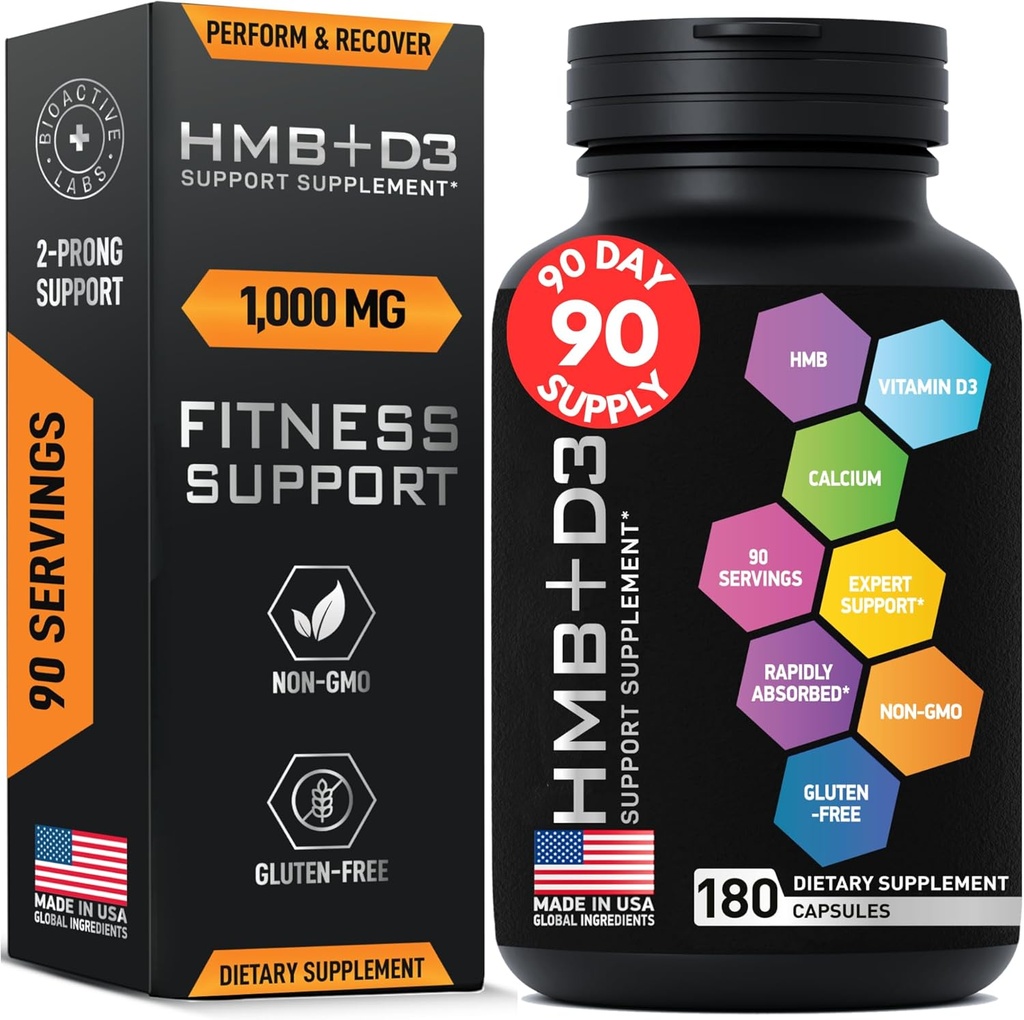 Suplementos HMB con vitamina D3 - 1000 mg Calcio Beta-Hydroxy Beta-Metilbutirato por Serving for Muscle Growth, Strength &amp; Recovery - 180 Gluten-Free, Non-GMO HMB Capsules, 3-Month Supply