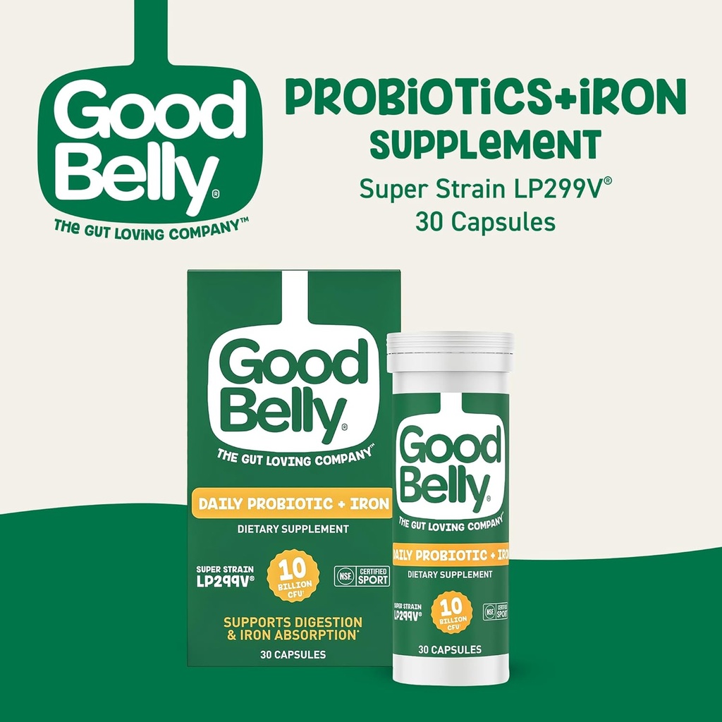 GoodBelly Cápsulas probióticas para la salud digestiva " Absorción de Hierro tóxico Vegan suplemento probiótico con 10 millones de culturas vivas vivieron Probióticos para Mujeres y Hombres
