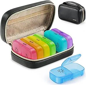 Organizador semanal de píldoras AUVON 2 veces al día con bolsa de cuero PU, Travel AM PM Pill Box 7 Día con un diseño de apertura grande para fácil llenado, caja de píldoras portátiles para vitaminas, medicamentos, suplementos