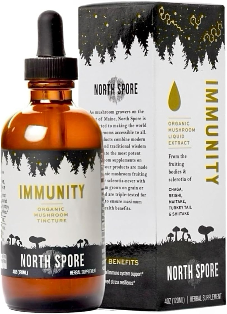 North Spore Organic Immunity Mushroom Tincture (4 oz) | 100% Fruiting Body Extracts | Chaga, Turkey Tail, Reishi, Maitake, Shiitake | Certified Organic, Vegan, Non-GMO | Adaptogenic, Made in USA
