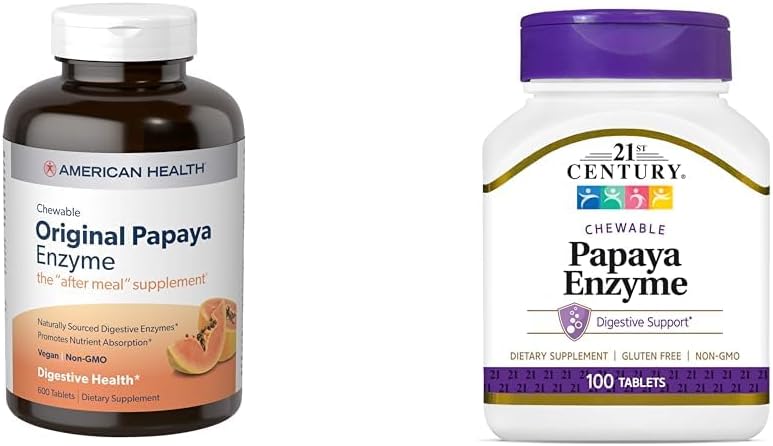 American Health Papaya Digestive Enzyme Chewable Tablets 600 Cuenta y 21st Century Tropical Papaya Enzyme Chewable Tablets 100 Cuenta Bundle