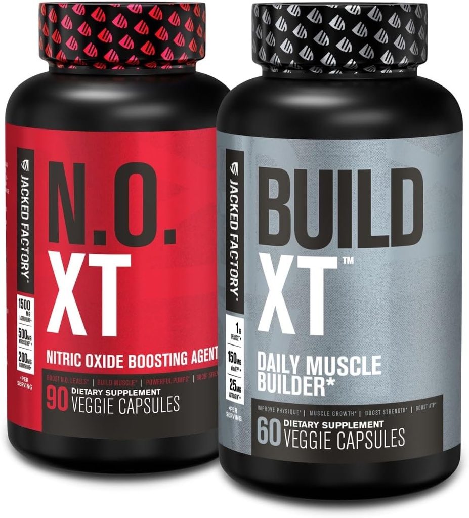 Fabricante de musculoso Jacked Factory Suplemento Stack - Build-XT Muscle Builder & N.O. XT Nitric Oxide Boosting Agent for Dual Support (30 Day Supply)