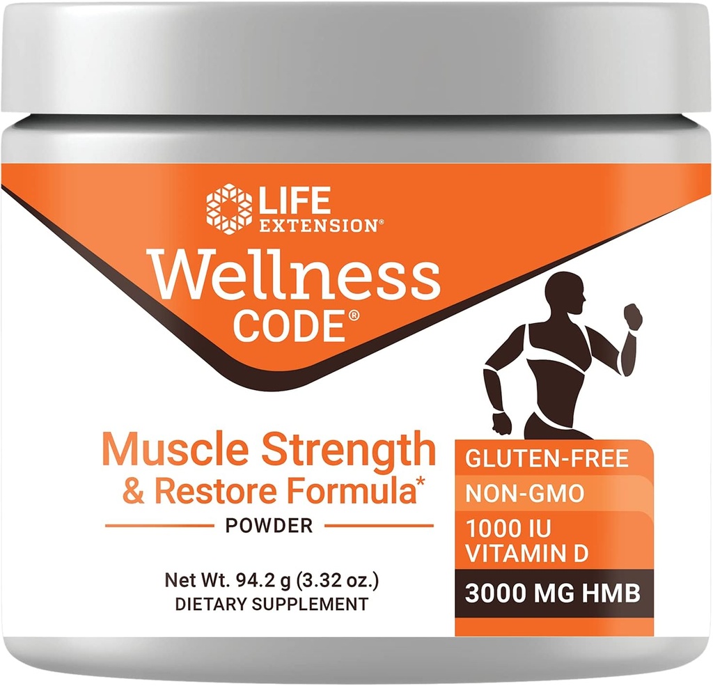 Life Extension Wellness Code® Muscle Strength & Restore Fórmula, Vitamina D3, ß-Hydroxy-ß-Methylbutyrate Monohydrate (HMB), Muscle Health, Gluten Free, Non-GMO, 94.2 g