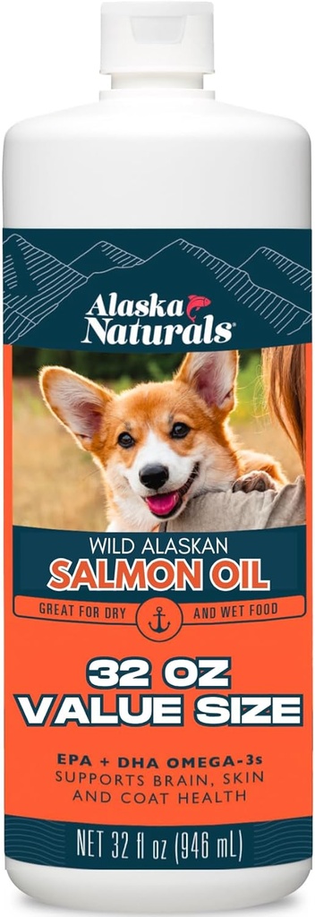 Alaska Naturals Wild Alaskan Salmon Fish Oil Suplemento para perros Skin and Coat with EPA DHA Omega 3 Fatty Acids Liquid Food Topper 32 oz.