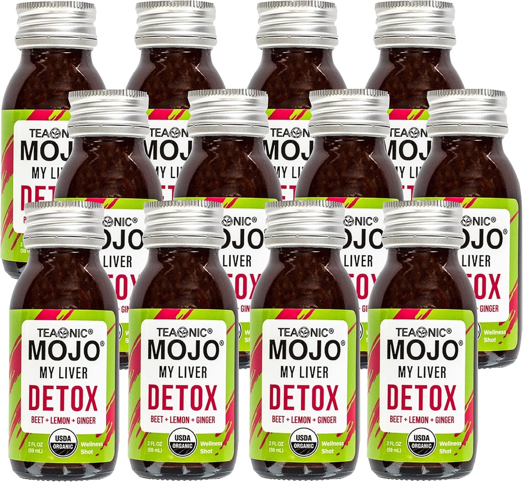 TEAONIC My Liver Mojo: Detox, Wellness Mojo Shots with Black Pepper, Beet, and Lemon Juice, USDA-Certified, Caffeine Free, Gluten-Free, 2 Fl. Oz Cada, Pack de 12