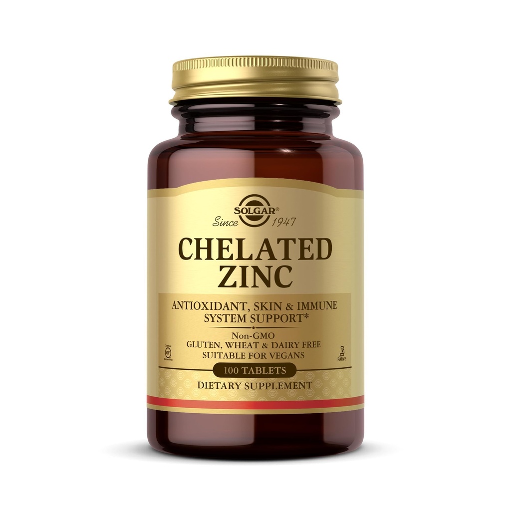 Solgar Zinc Chelated, 100 Tablets - Zinc for Healthy Skin - Supports Cell Growth & DNA Formation - Exerts Antioxidant Activity - Supports A Healthy Immune System - Non GMO, Gluten Free - 100 Servings
