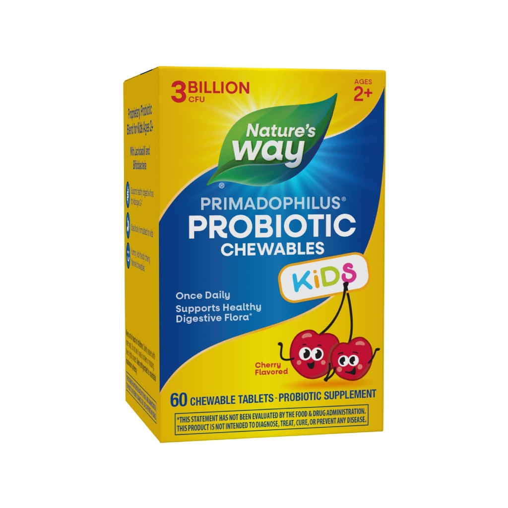 Nature's Way Primadophilus Probiotic Chewables for Kids, Supports Healthy Digestive Flora*, for Kids Ages 2+, 3 Billion CFU, 60 Cherry Flavored Chewables (Packaging May Vary)