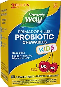 Nature's Way Primadophilus Probiotic Chewables for Kids, Supports Healthy Digestive Flora*, for Kids Ages 2+, 3 Billion CFU, 60 Cherry Flavored Chewables (Packaging May Vary)