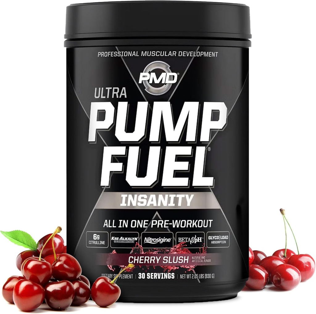 PMD Sports Pump Fuel Ultra Insanity - Premium Pre Workout Powder &amp; Muscle Pump, Greater Focus, Endurance & Recovery, Premium Creatine, Arginine & Beta Alanine - Cherry Slush (30 Servings)