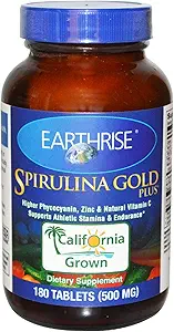 Earthrise Spirulina Gold Plus 500mg Tablet 180 cuenta, Natural Premium Spirulina de California- Vegan, Gluten Free, Keto Friendly, Non -GMO Super Food alto en vitaminas y minerales.