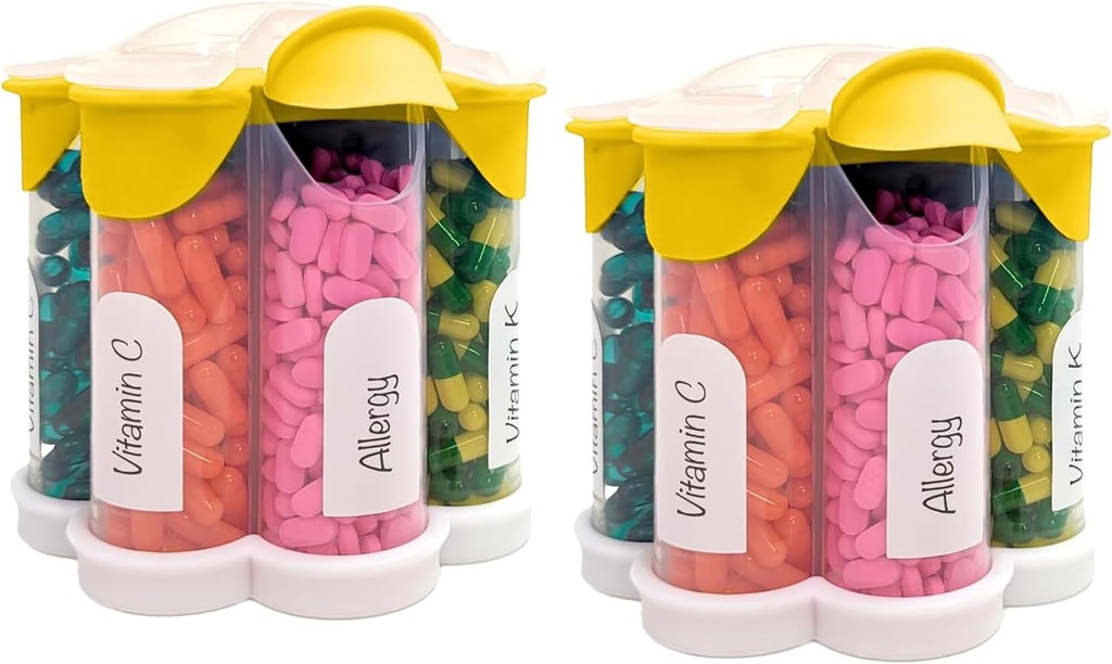 Organizador extra grande de píldoras diarias, semanales, suplemento mensual botella, dispensador de píldoras lindo Blossom con 7 compartimentos XL (2 Pack Combo) (Yellow 2 Pack)