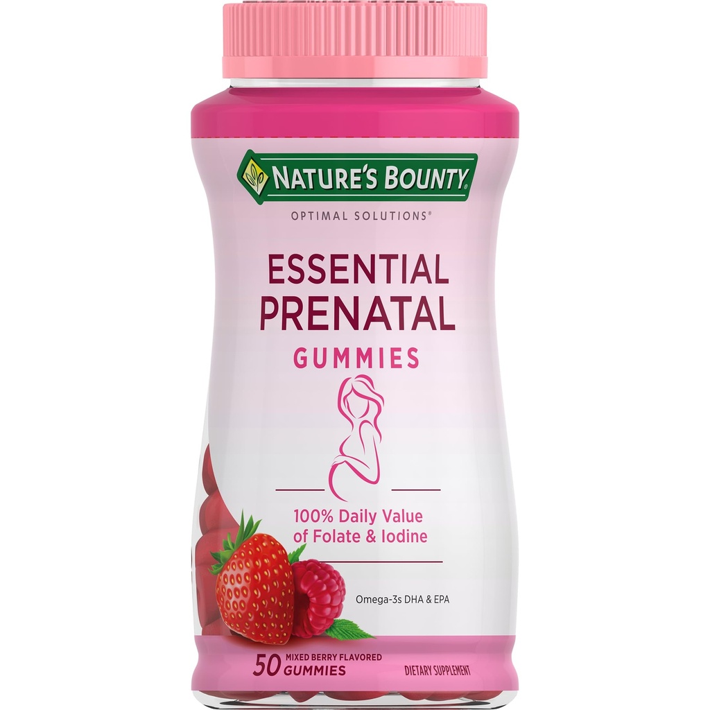 Nature's Bounty Optimal Solutions Essential Prenatal Gummies, Folic Acid and Iodine, Omega 3 and DHA, 50 Count, 25 Total Servings