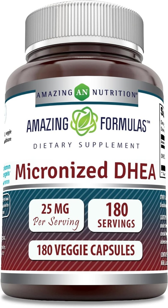 Impresionantes Fórmulas Micronizadas DHEA 25mg 180 Veggie Capsules Suplemento No-GMO Silencio Gluten Libre Silencio Hecho en EE.UU. Ideal para Vegetarianos Silencio Dehydroepiandrosterone Capsules para Hombres &amp; Mujeres (1 Pack)