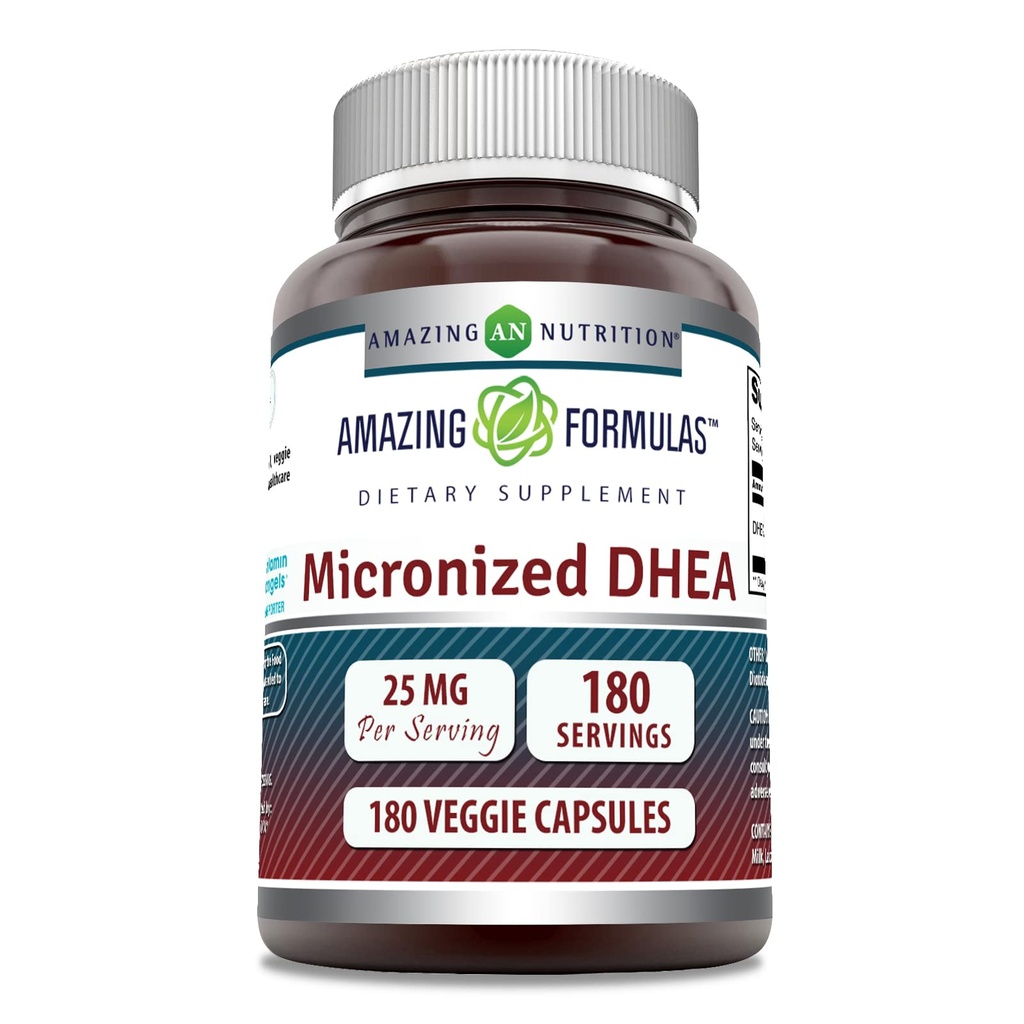 Impresionantes Fórmulas Micronizadas DHEA 25mg 180 Veggie Capsules Suplemento No-GMO Silencio Gluten Libre Silencio Hecho en EE.UU. Ideal para Vegetarianos Silencio Dehydroepiandrosterone Capsules para Hombres &amp; Mujeres (1 Pack)