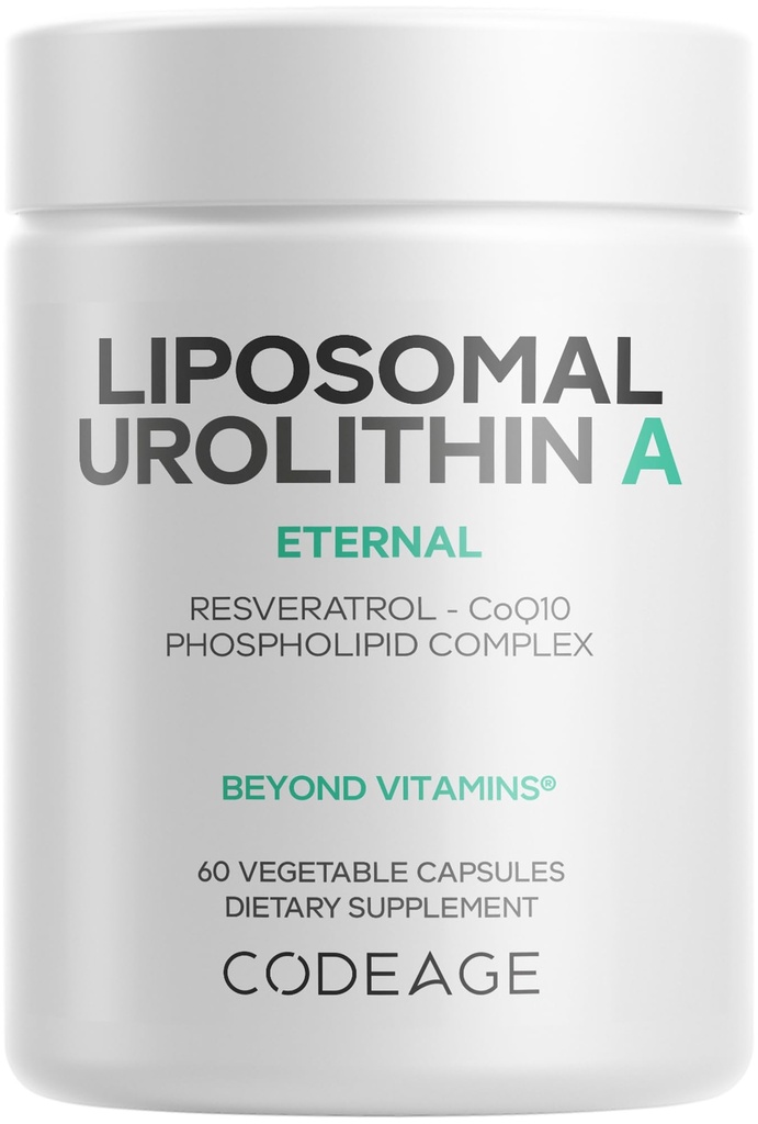 Codeage Liposomal Urolithin A Supplement 500mg Por Serving + Resveratrol, Betaine, CoQ10, Ellagitannnins - A New Frontier Beyond NADH, NMN, NAD, NR y PQQ Vitaminas - Bioavailable - 60 cápsulas