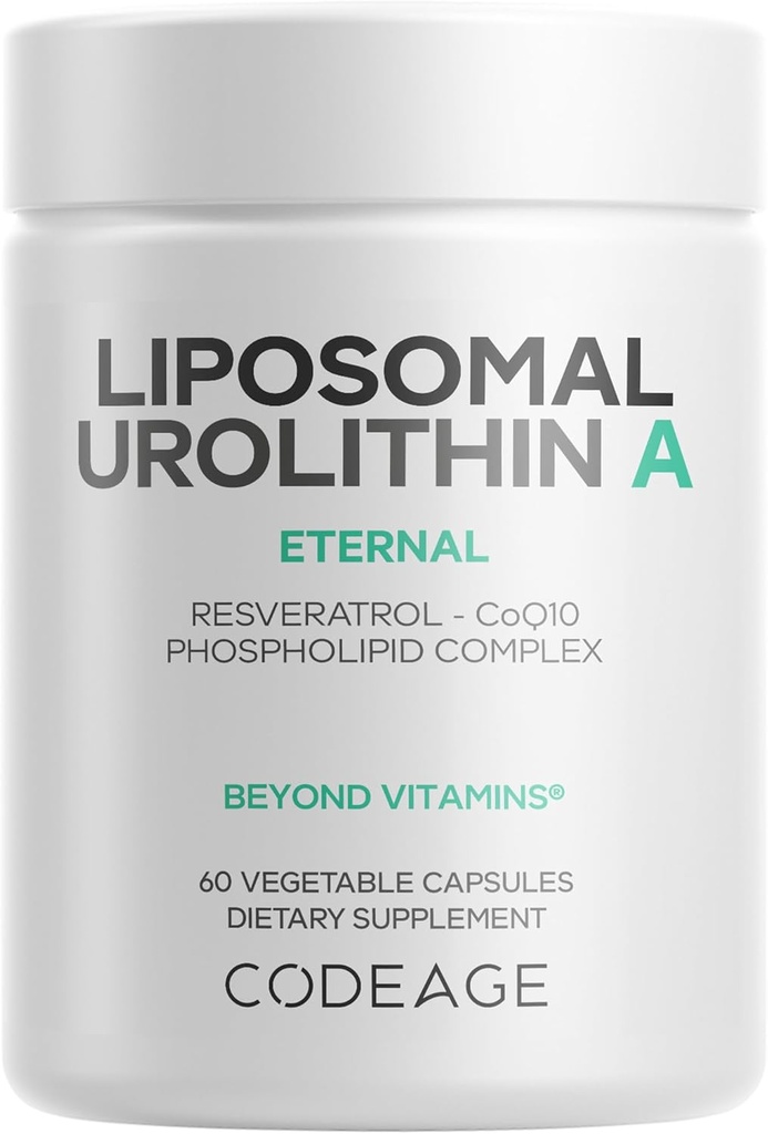 Codeage Liposomal Urolithin A Supplement 500mg Por Serving + Resveratrol, Betaine, CoQ10, Ellagitannnins - A New Frontier Beyond NADH, NMN, NAD, NR y PQQ Vitaminas - Bioavailable - 60 cápsulas