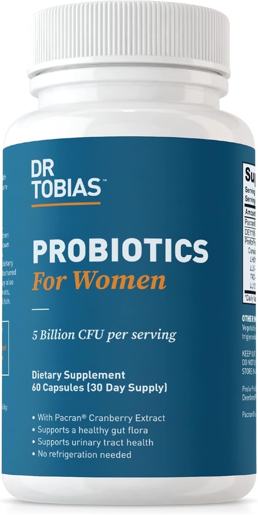 Dr. Tobias Probióticos para Mujeres, 5 Billones CFUs Plus Prebióticos &amp; Extracto de Arándano para Salud de Tracto Urinario para Mujeres, Apoyo Digestivo &amp; Salud Inmunitaria, 60 cápsulas, 30 servicios